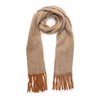 Camel tonal winter scarf with brown tassels.