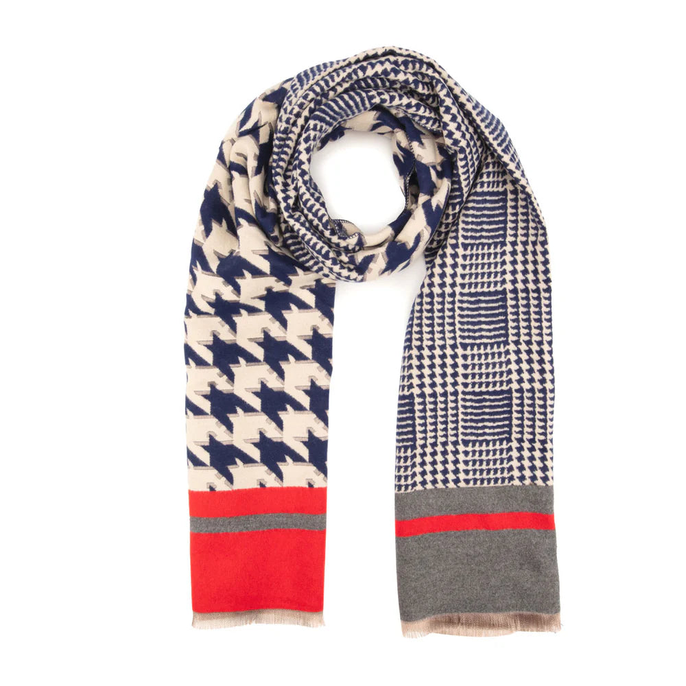 Blue and white dogtooth scarf with contrasting trim.
