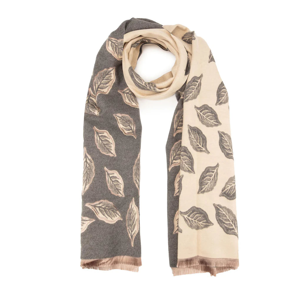Charcoal and white leaf print winter scarf.