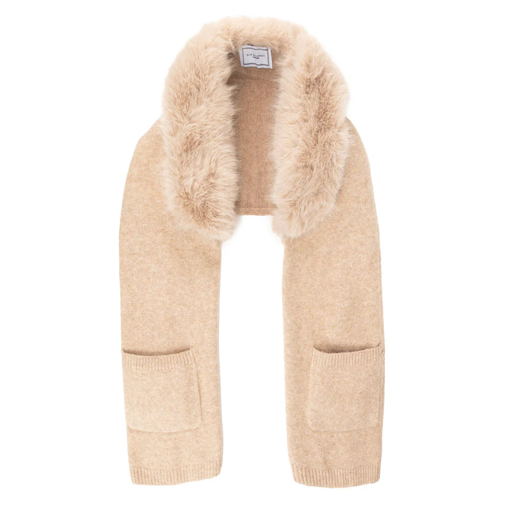 Coffee coloured scarf with fur trim.