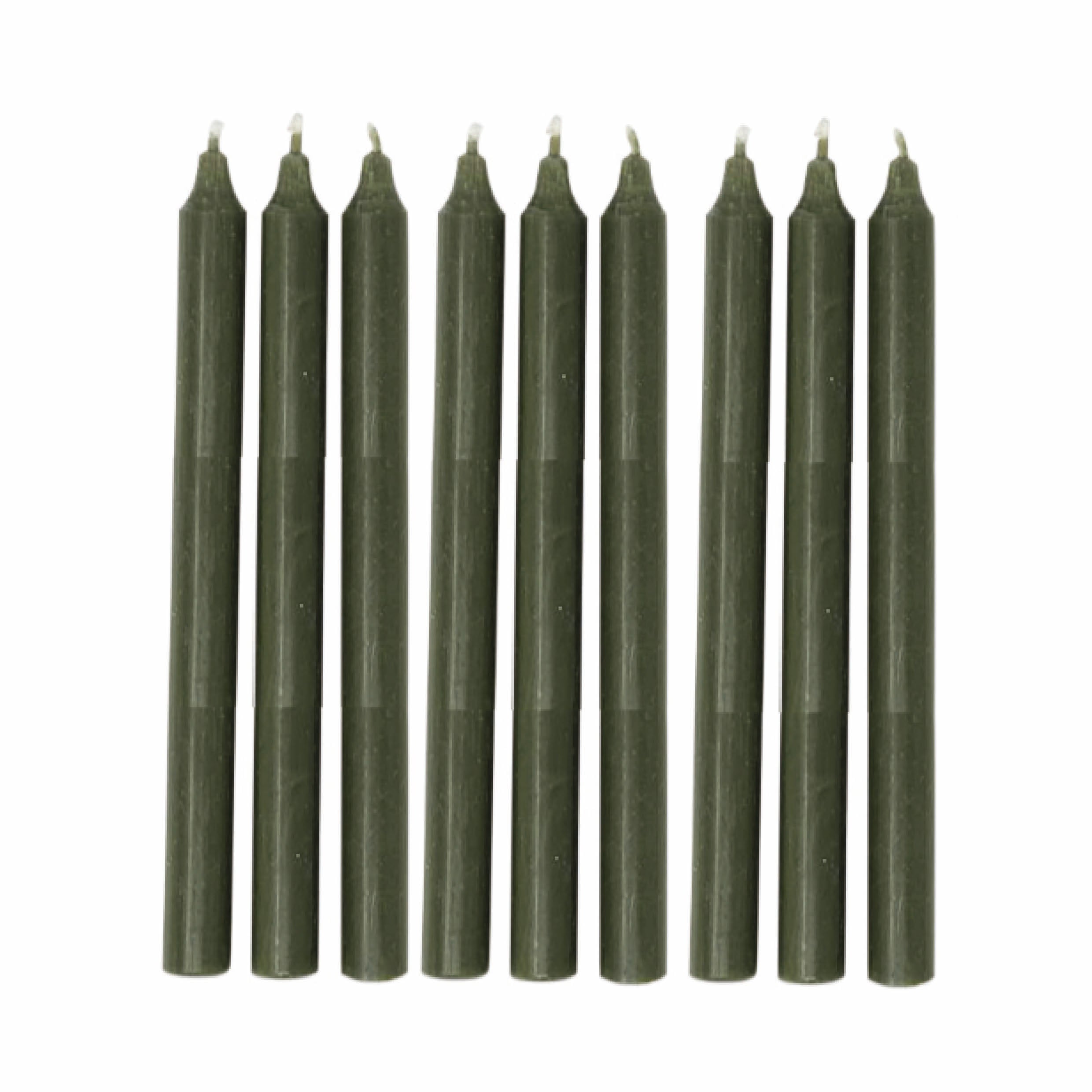 Tall forest green Danish candles.
