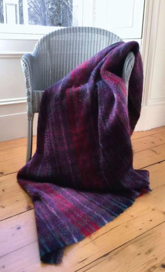 Traditionally Made Mohair Throw Sloeberry Colours.