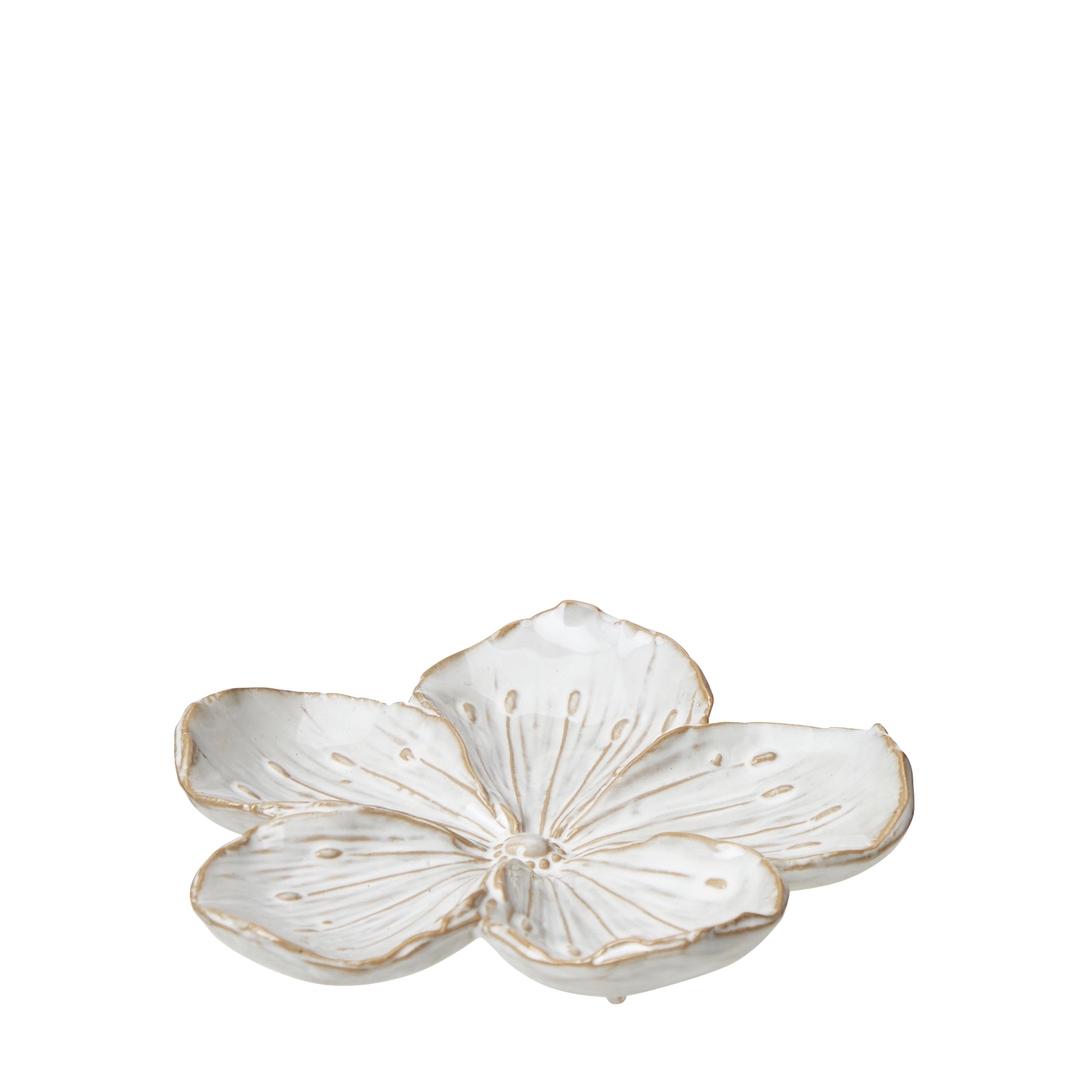 Rounded petals.Decorative ceramic dish with gold accents on a white background