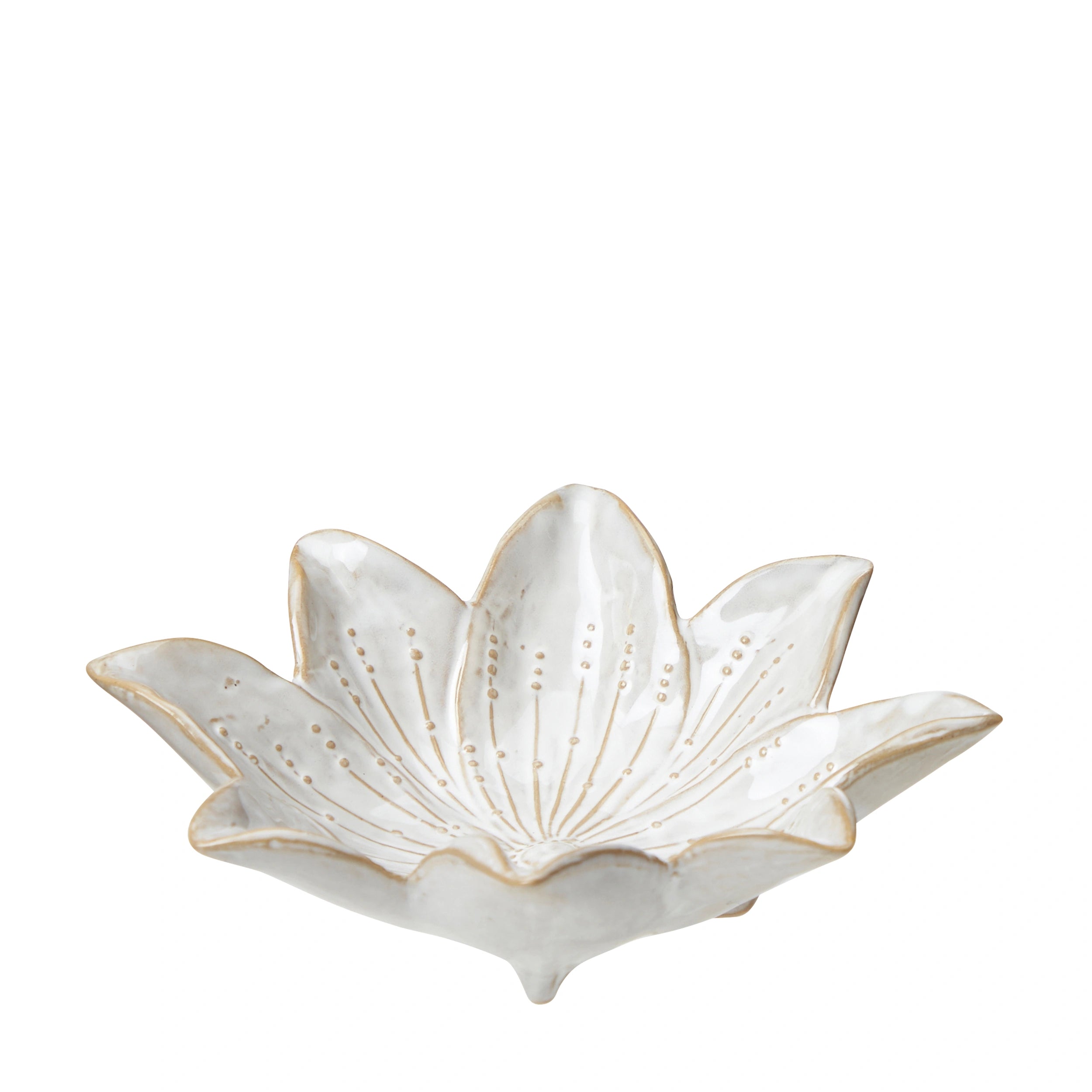 Ceramic dish shaped like a flower on a white background.Pointed leaf shape