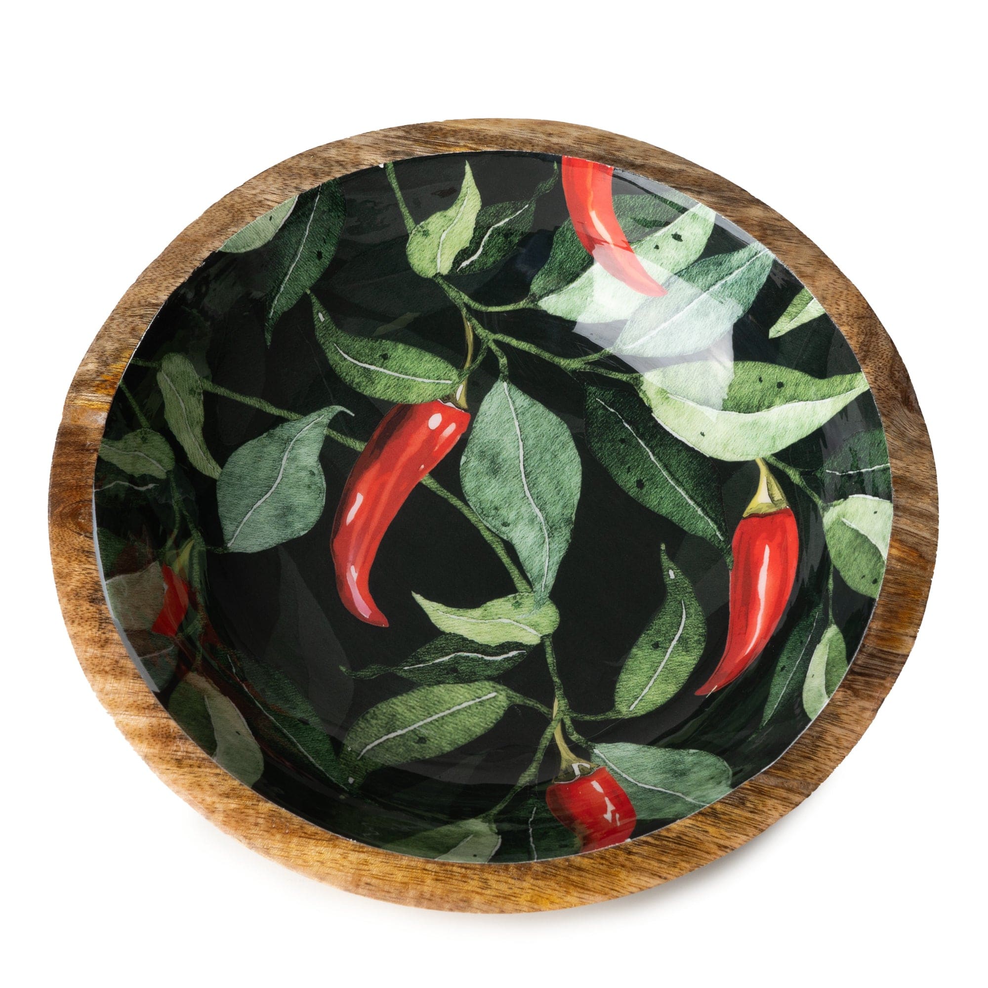 Wooden bowl with chilli design enamel work.