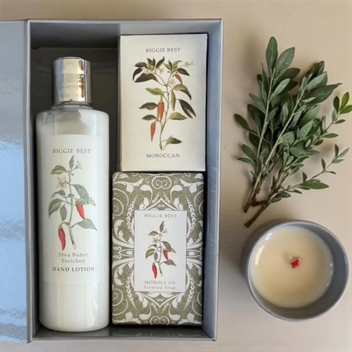 Gift set with hand lotion, soap, and scented sachets. 