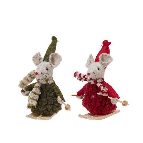 Decorative skiing mice in red and green.