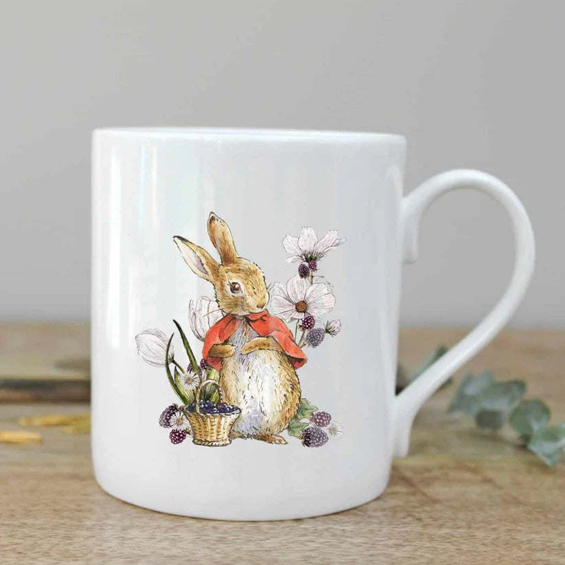 White fine bone china mug with rabbit print.