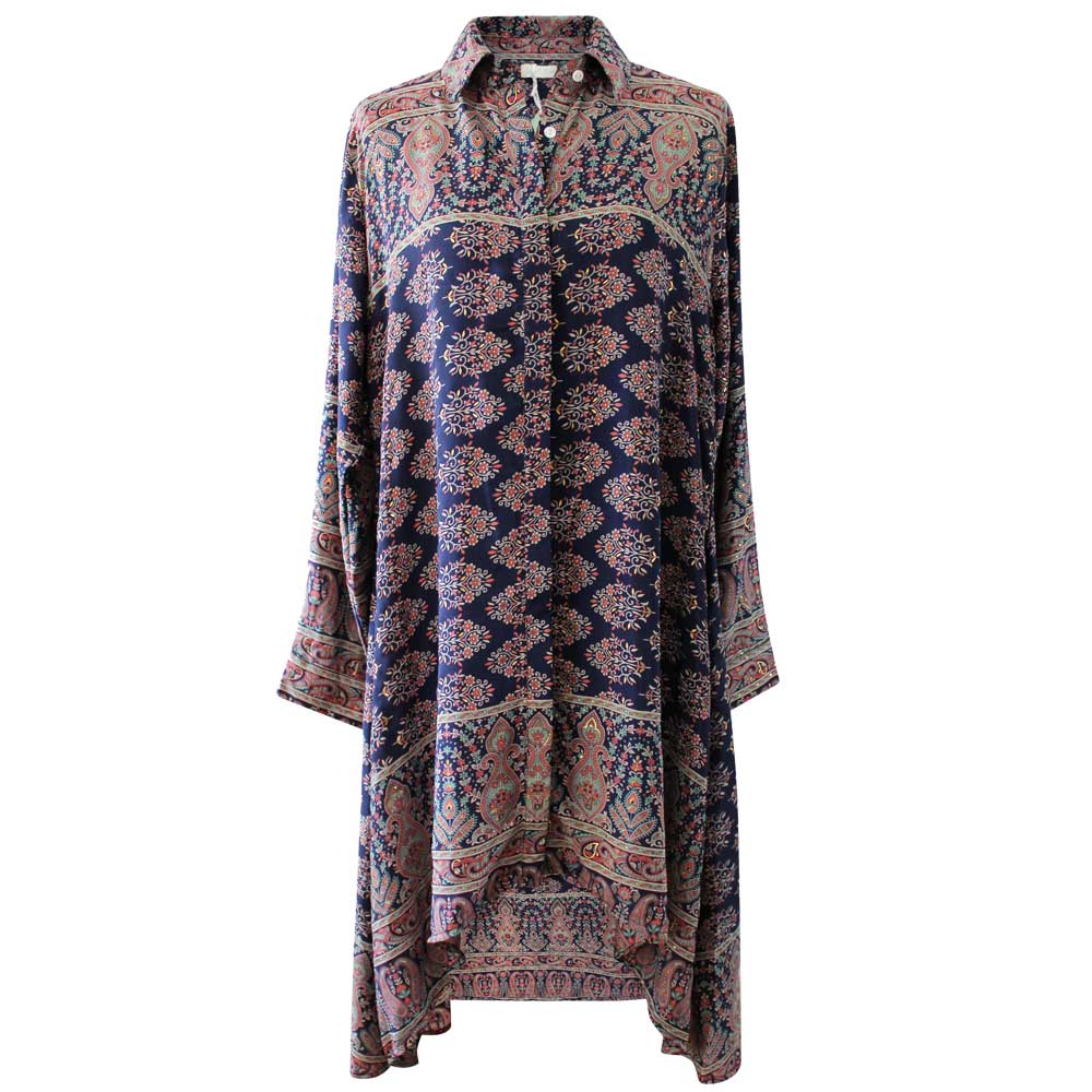 Long patterned shirt dresson a white background