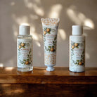 Three skincare products in orange and sage scent.