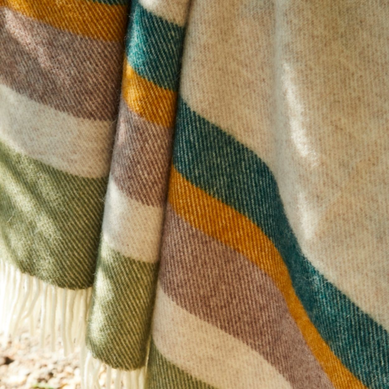 Close-up of pure new wool throw with green, brown, and yellow colors.
