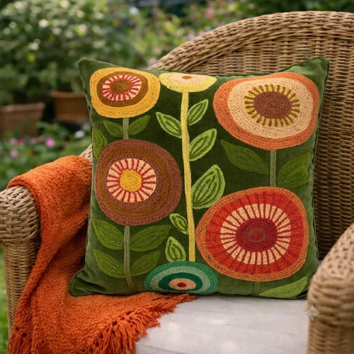 Decorative pillow with embroidered floral patterns on a wicker chair outdoors.