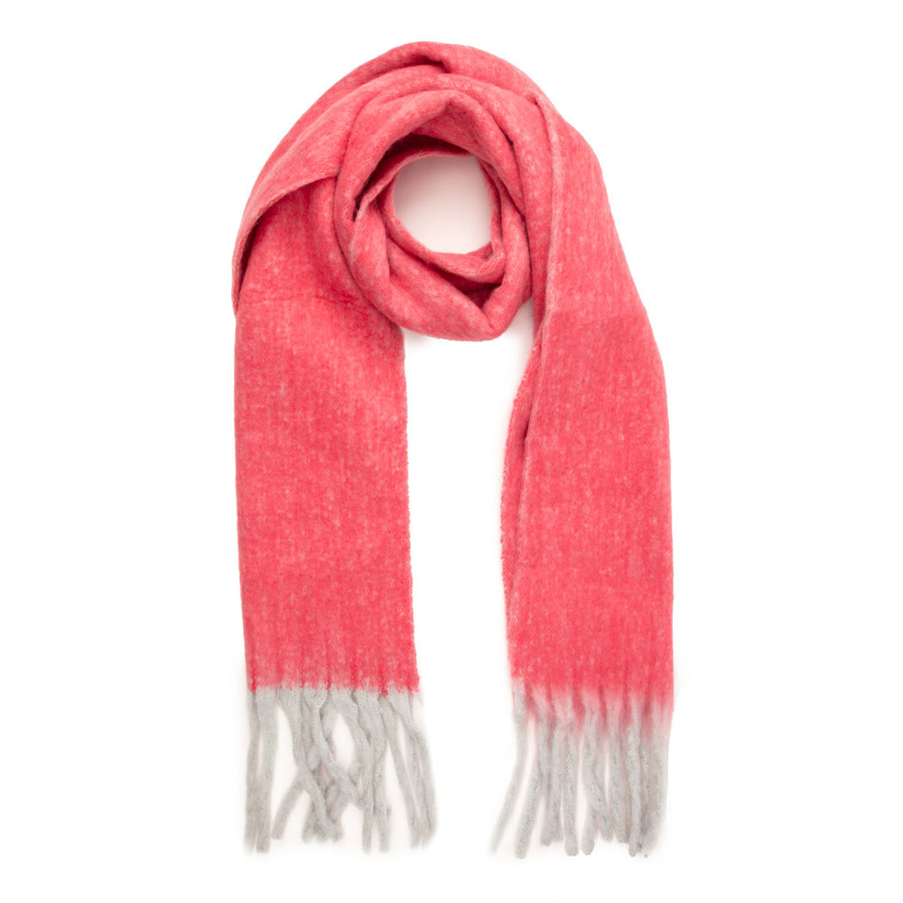 Pink winter scarf with white tassels.