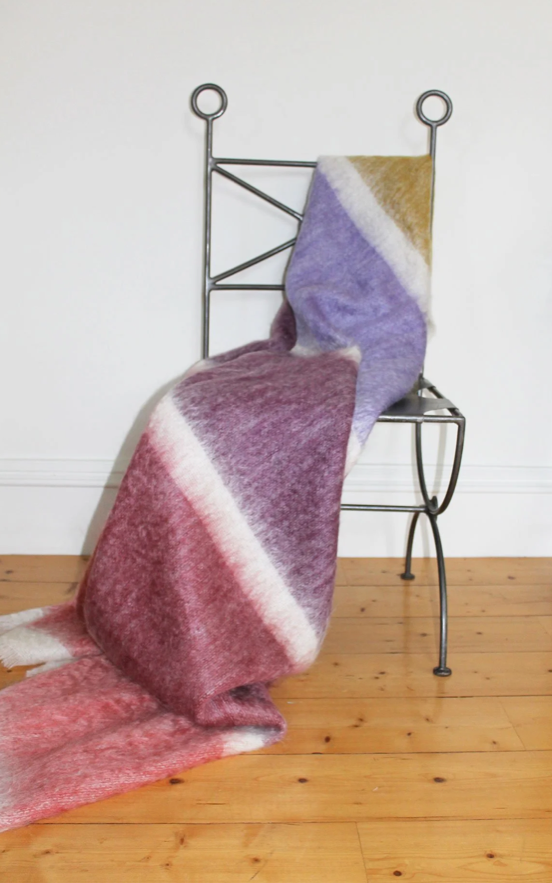 Luxurious traditionally made Mohair Throw in Dusk Colours - burgundy, deep purple and ochre. Super soft and snuggly.