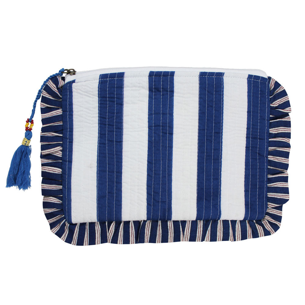 Blue and White Wide Stripe Seashell makeup bag cut out of back view