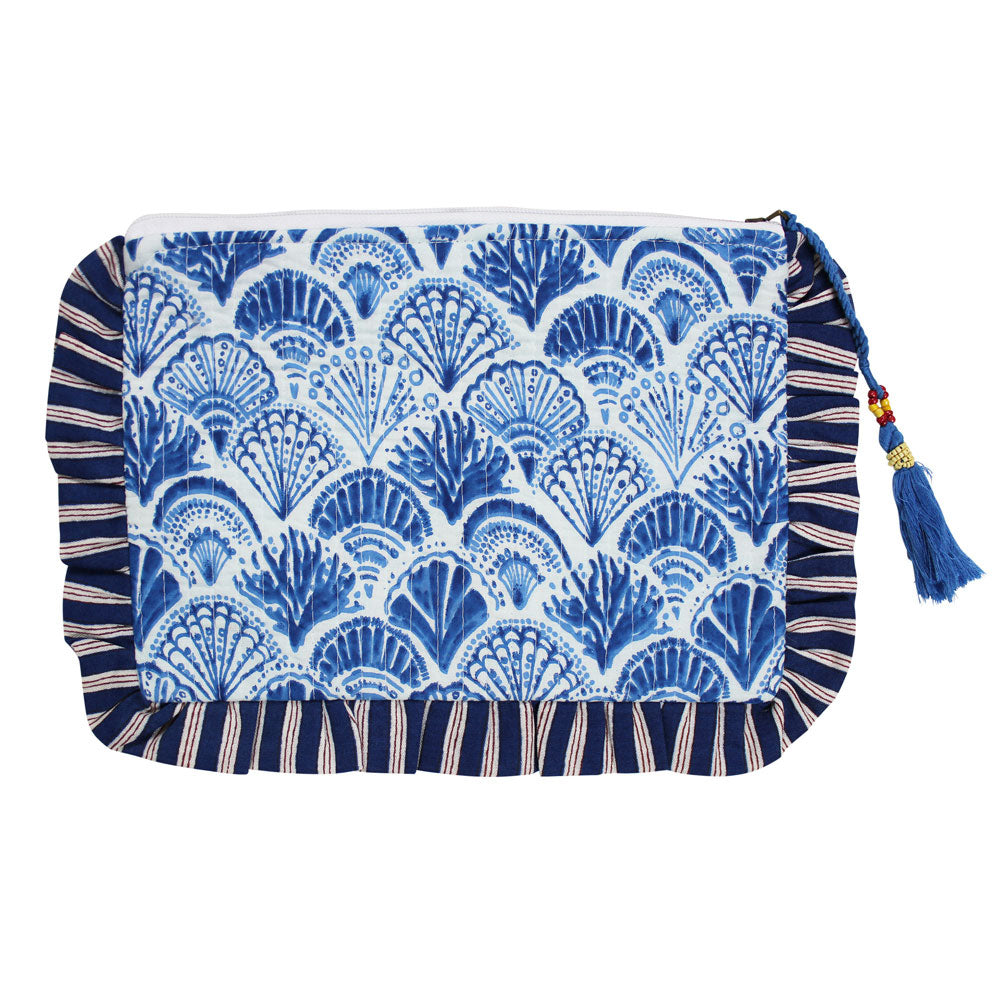 Blue and White Wide Stripe Seashell makeup bag cut out of front.