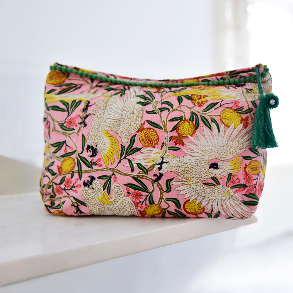 Pomegranate and tropical bird wash bag