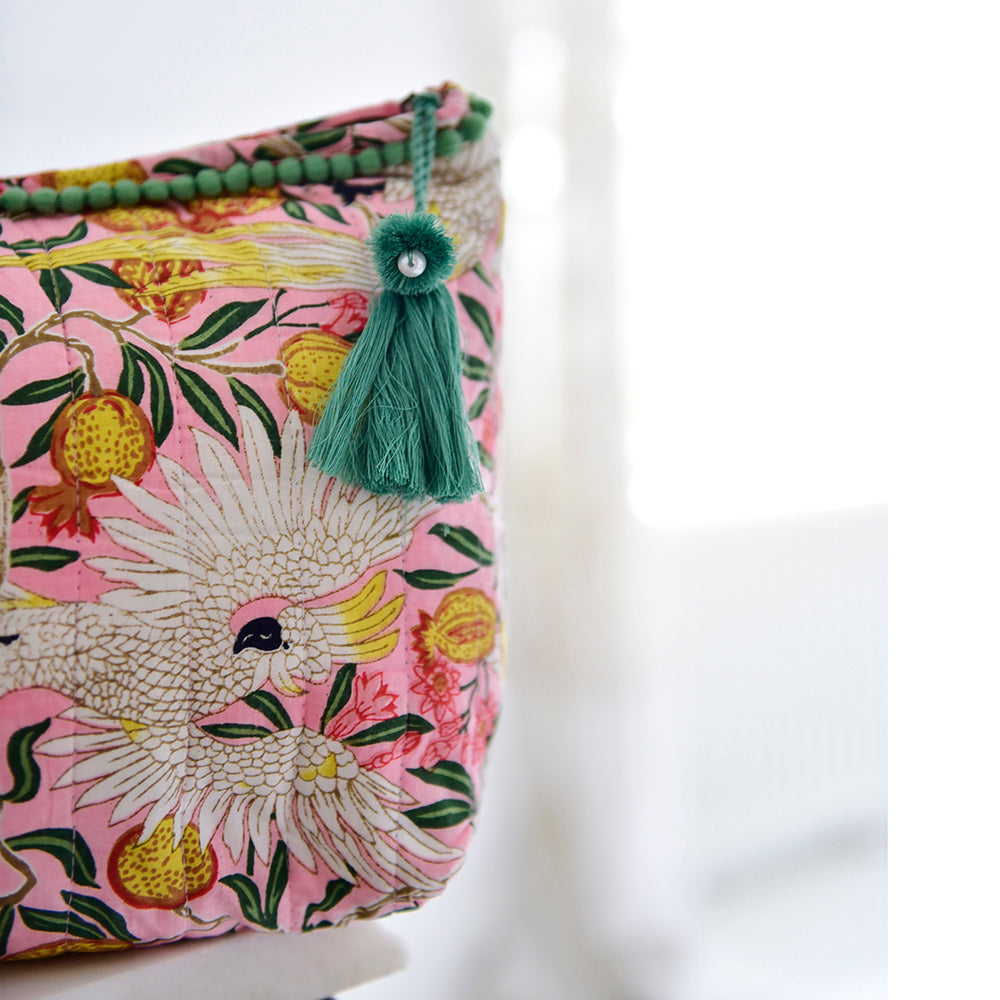 Pomegranate and tropical bird wash bag detail