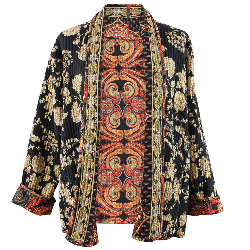Quilted reversible jacket front view with black and gold floral design.