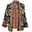 Quilted reversible jacket front view with black and gold floral design.