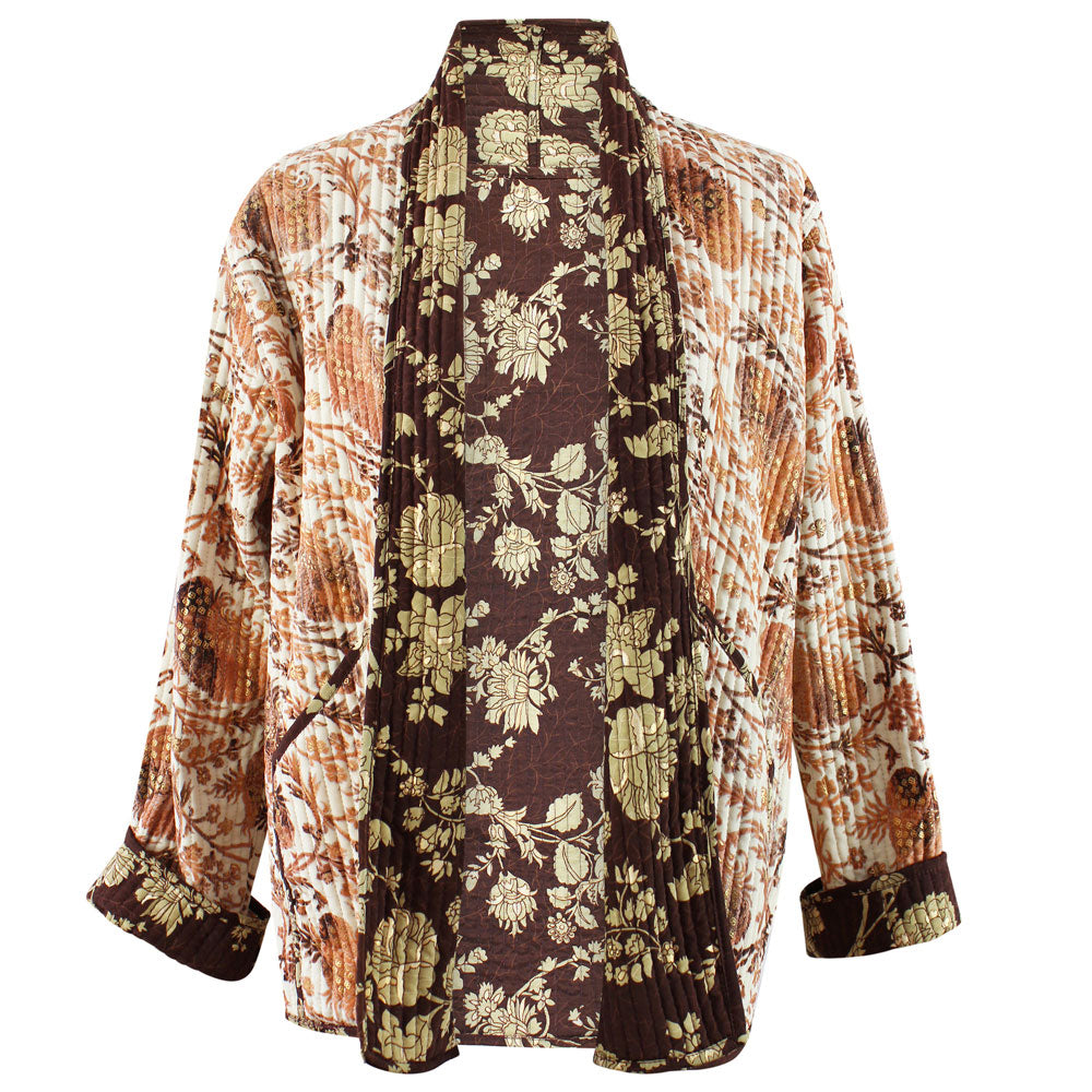 Brown, gold and white reversible quilted jacket.