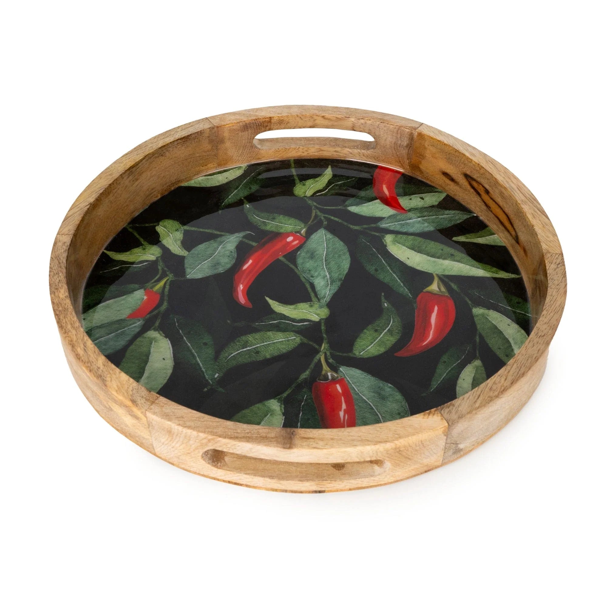 Mango wood tray with enamel Chilli pepper design.