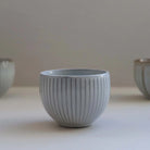 Grey ceramic bowl with narrow stripes.