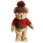 Teddy bear wearing a red knitting jumper and green knitted hat with pompom.