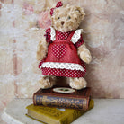 Teddy bear in red and white polka dot dress.