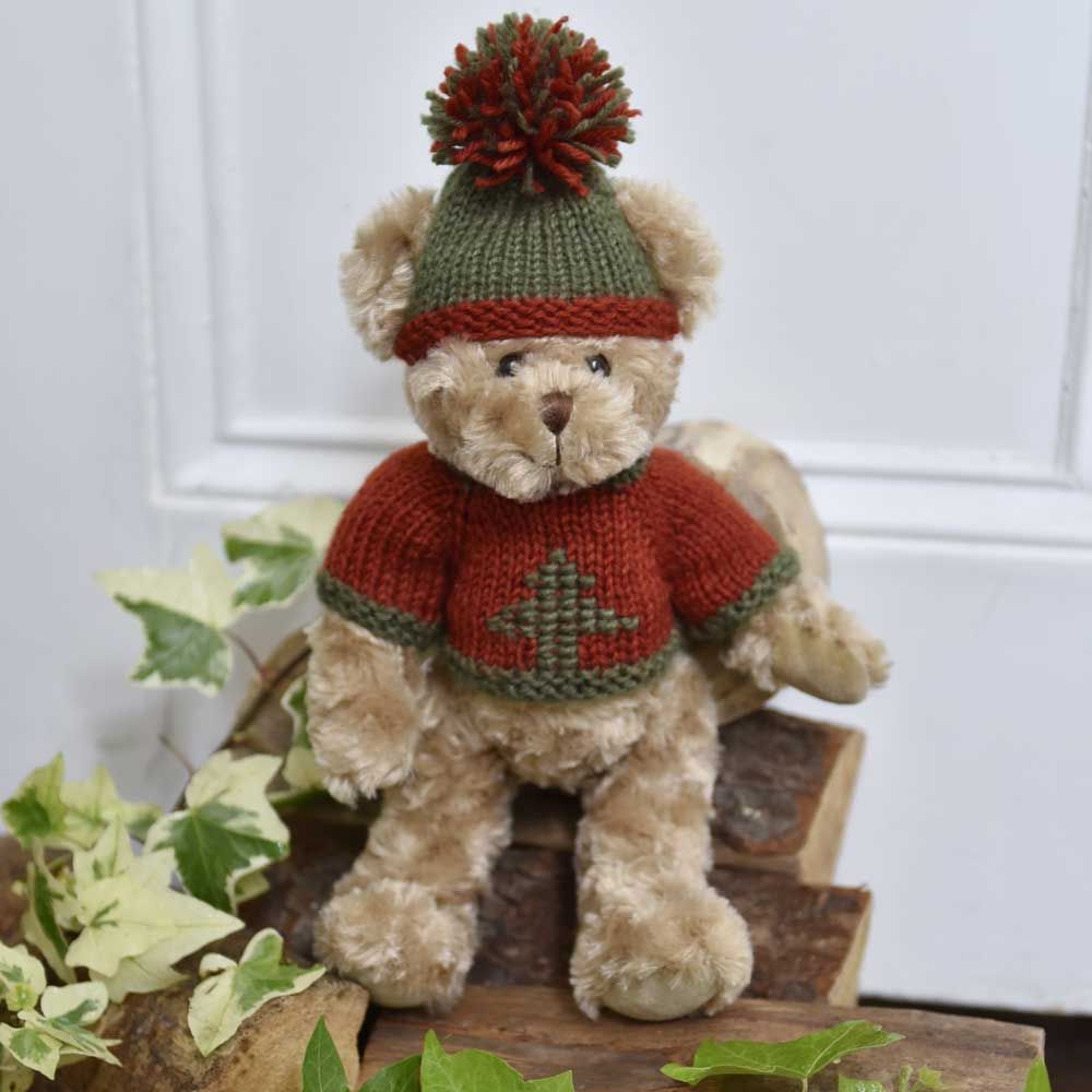 Teddy bear wearing a red knitting jumper and green knitted hat with pompom.