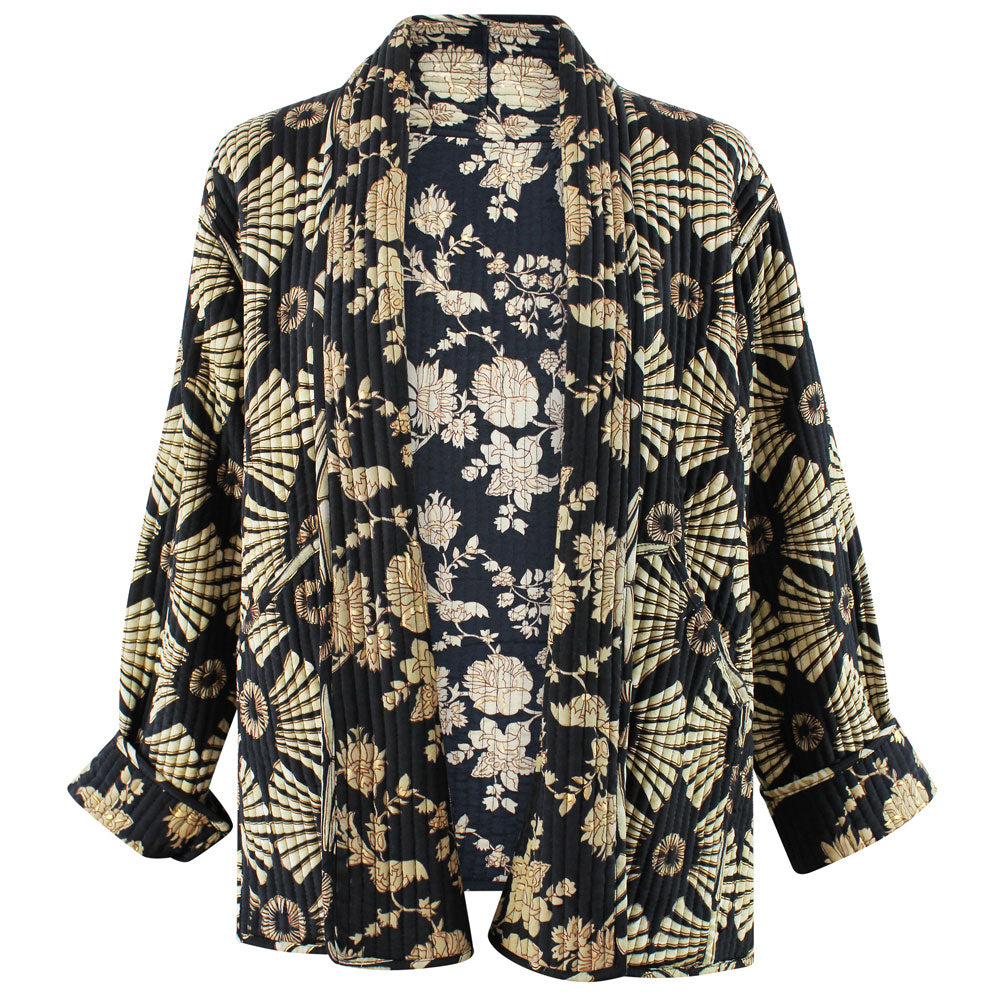 Black and gold reversible printed cotton quilted jacket.