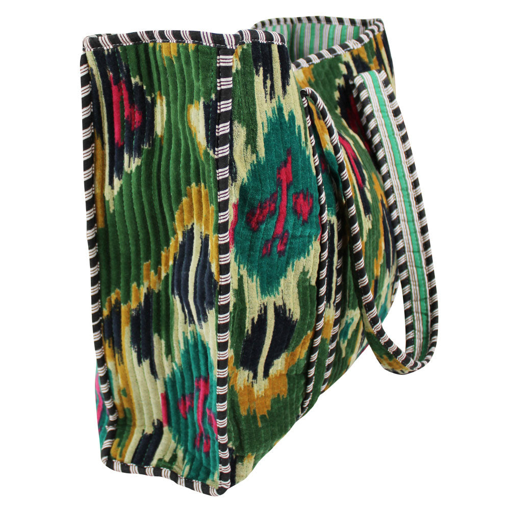 Side view of velvet ikat shopping bag cut out