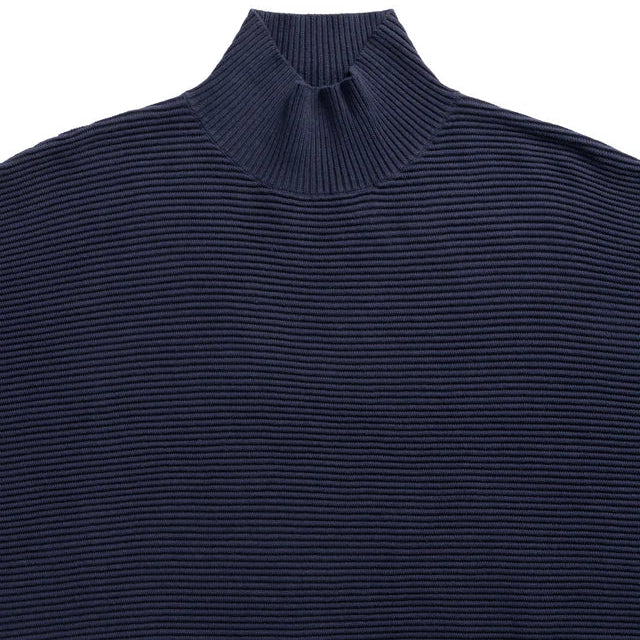 Navy blue ribbed knit sweater on a white background
