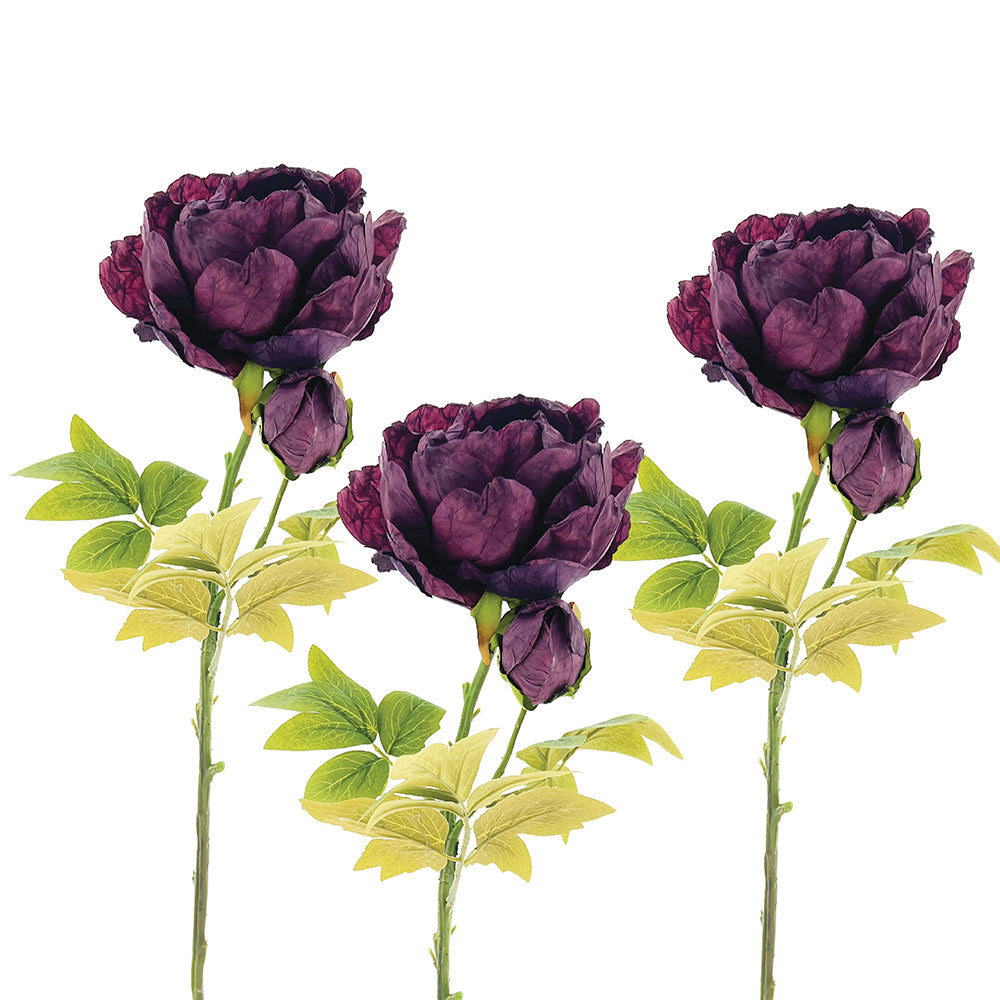 Three faux burgundy peonies with green stems and leaves on a white background
