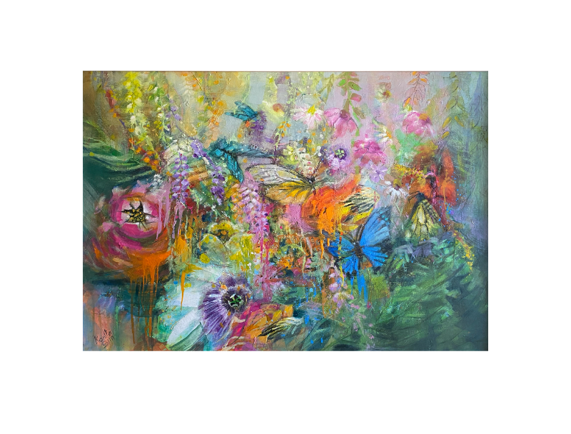 Butterflies and Flowers in the jungle at the Black Faced Sheep. A colorful abstract floral painting featuring butterflies and lush botanical forms in pink, purple, blue, green, orange, and yellow tones, centered on a white background.