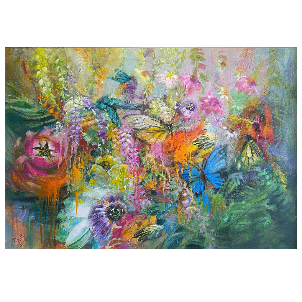 Butterflies and Flowers in the Jungle at the Black Faced Sheep. A colorful abstract floral painting featuring butterflies and lush botanical forms in pink, blue, green, yellow, orange, and purple tones, shown against a white background.