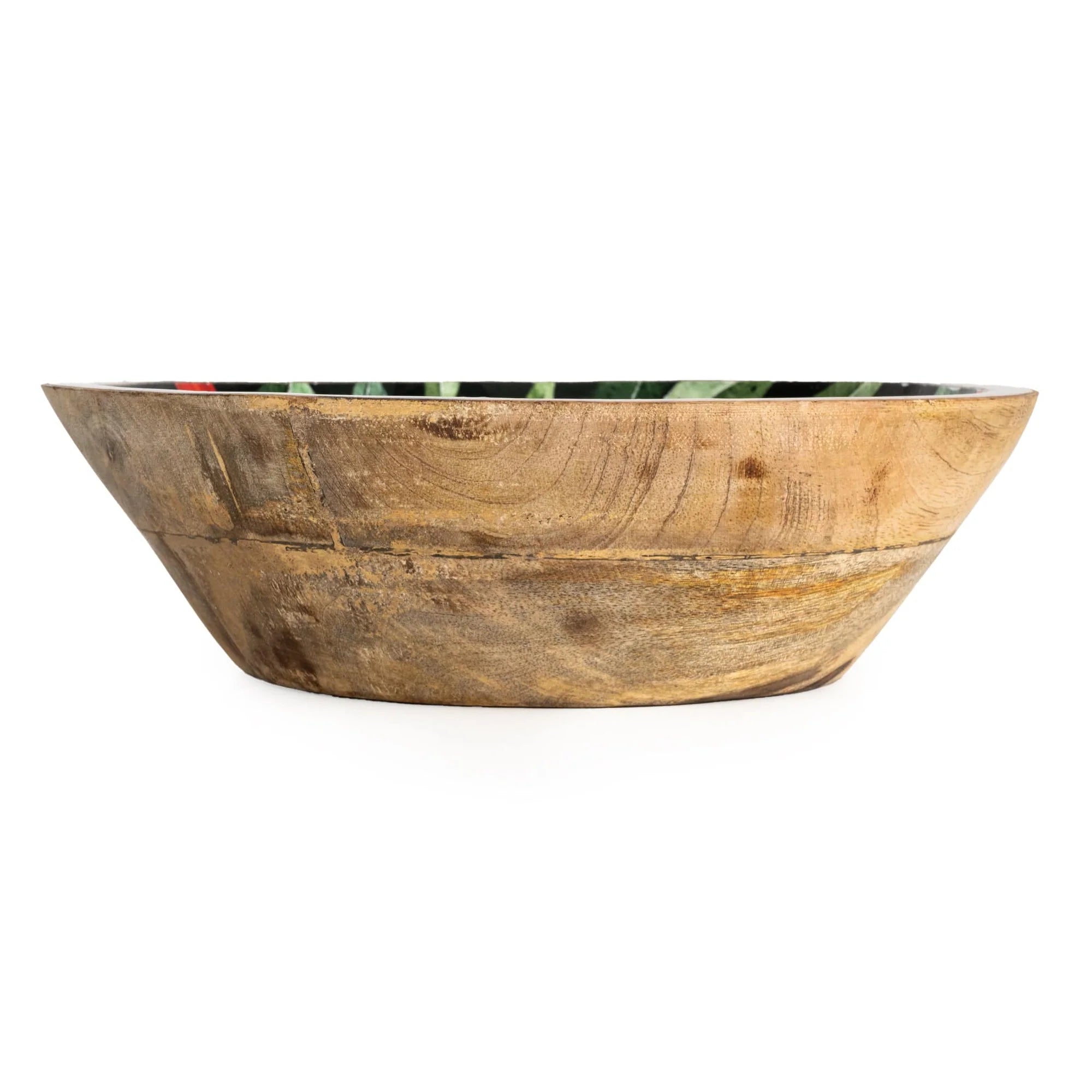Wooden bowl with chilli design enamel work.