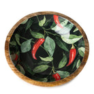 Wooden bowl with chilli design enamel work.