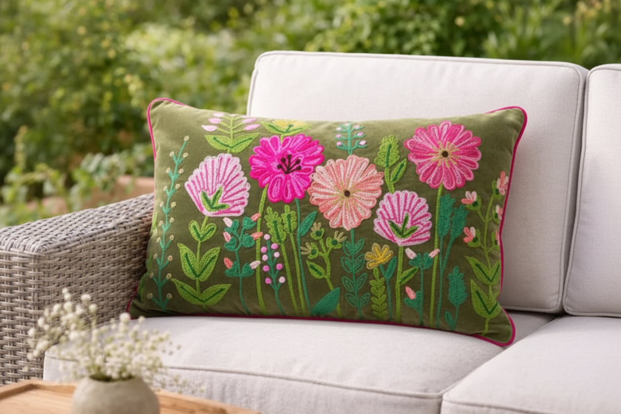 Ensley Cushion on Outdoor Sofa by The Black Faced Sheep