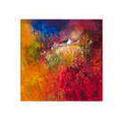 Abstract painting with vibrant colors and a row of small white hilltop cottages  in the center.