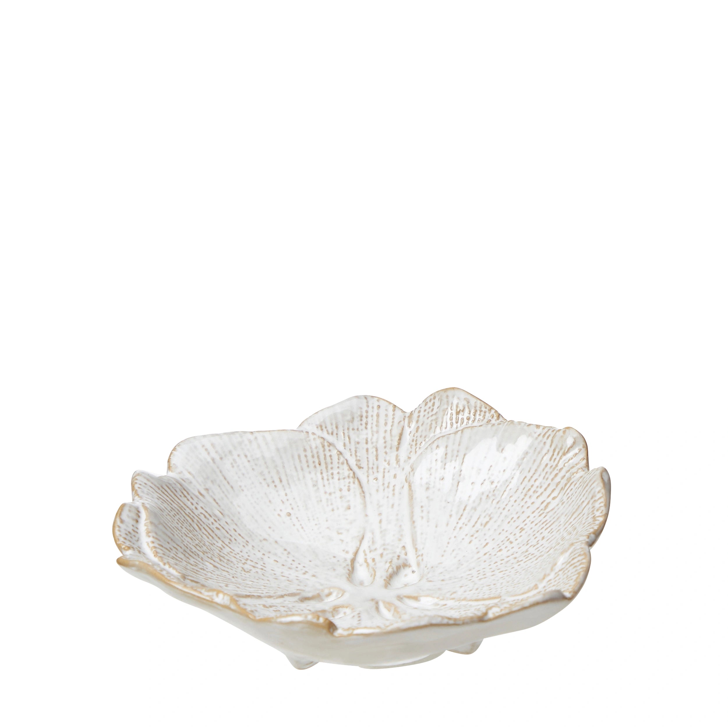 Decorative white ceramic bowl with oval textured leaf surface on a white background