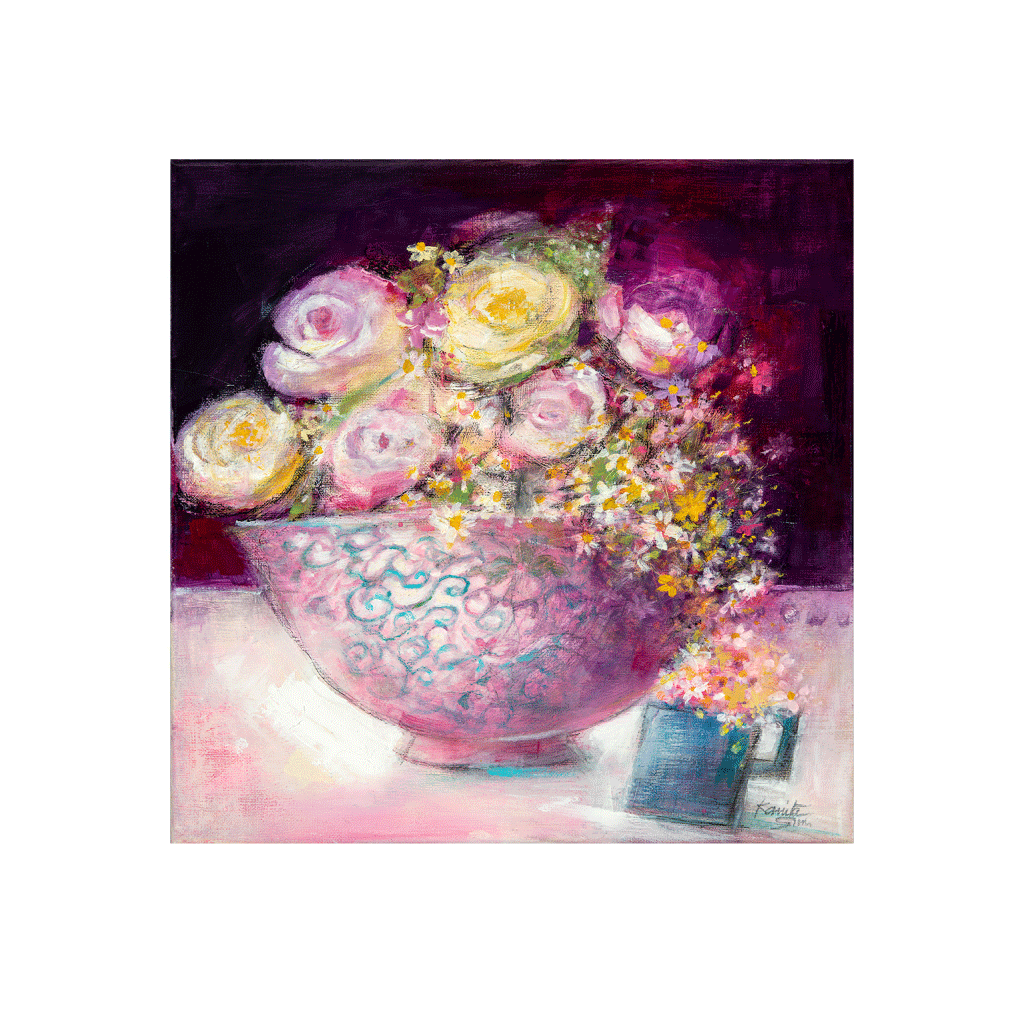 Painting of a bowl filled with colorful roses and feverfew in a bowl with pink and turquoise design.