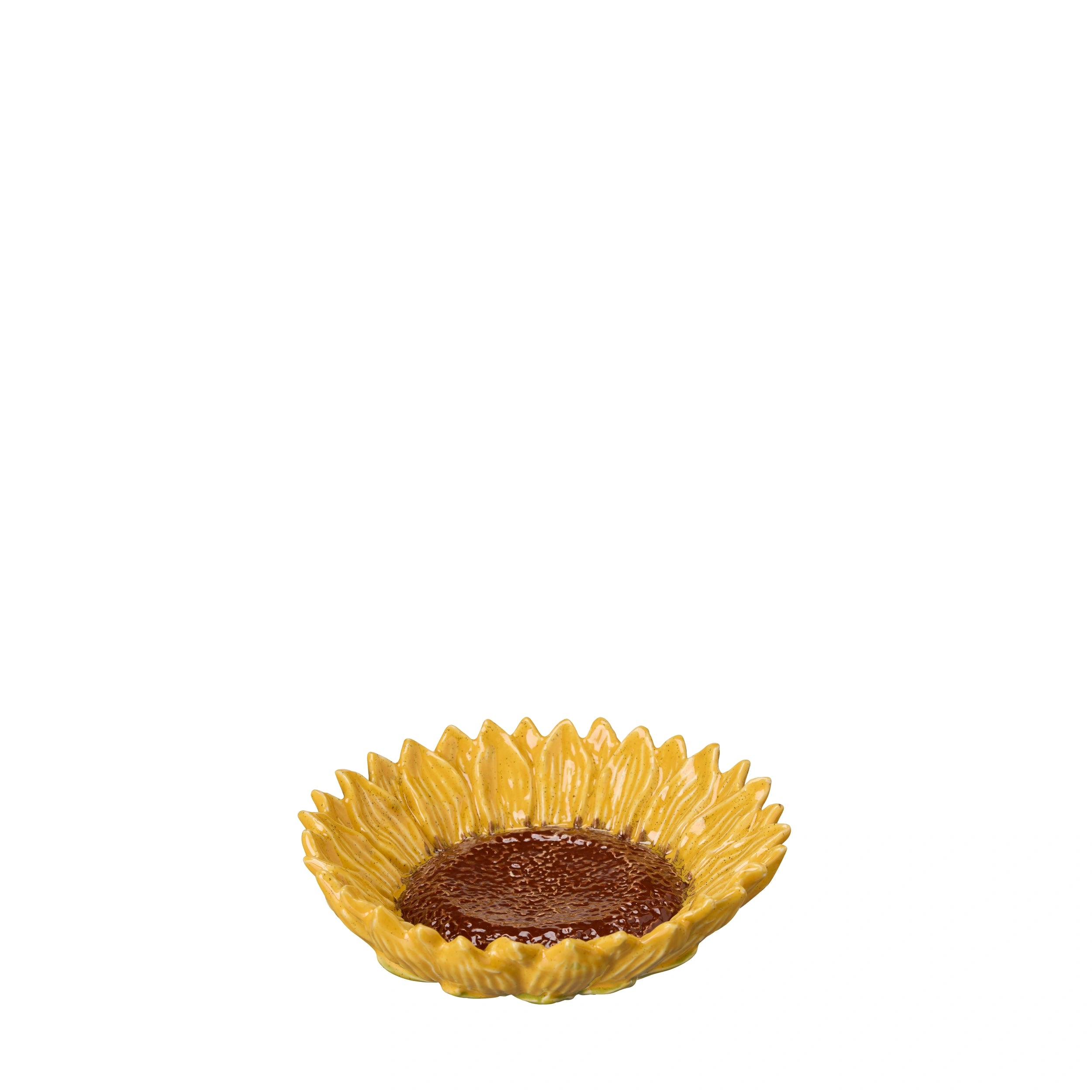Yellow sunflower-shaped bowl with a brown center on a white background
